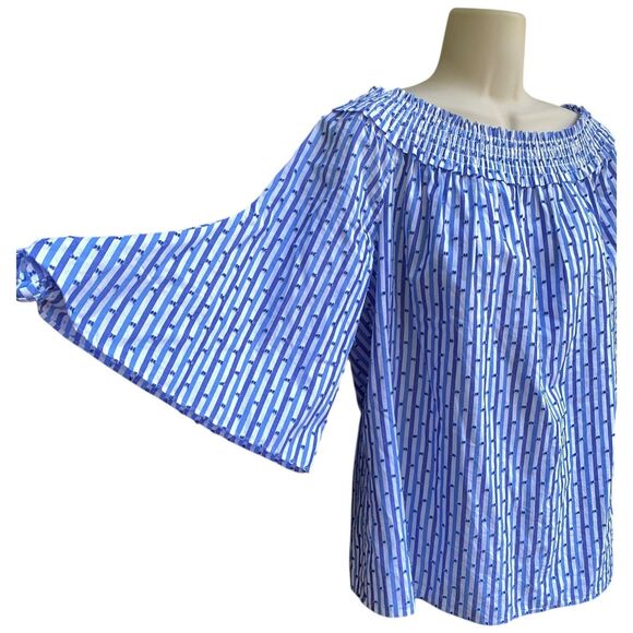 Chic Bardot Blouse Blue White Stripe Off Shoulder Smocked Tie Sleeve Top S - Picture 4 of 16